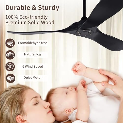 Black Modern 52 Inch Large Ceiling Fan with Remote, Industrial Outdoor Wood 3 Blade High CFM Wet Rated Ceiling Fans for Patios Porch Gazebo - Propeller Ceiling Fan for Indoor Living Room Bedroom
