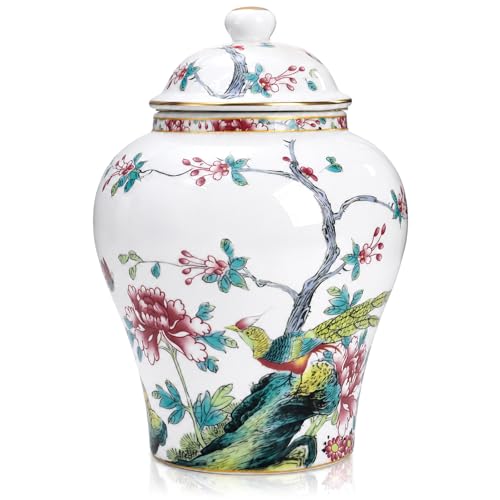 Image of Goaste 7.68 inch Chinoiserie Porcelain Ginger Jar with Lid, Airtight Vintage Ginger Jars with Gilt Edges, Hand-Painted Floral Bird Decorative Vase for Tea Candy Sugar Herbs, Kitchen Coffee Table Shelf
