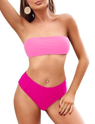 Image of ZAFUL Women's High Cut Bandeau Bikini Set Strapless Solid Color 2 Pieces Bathing Suit Swimsuit