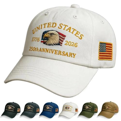 Image of Baseball Cap for Men Cotton One Size, Cotton Embroidered Casual Baseball Cap, Adjustable America Eagle Hat, US 250th Anniversaries Hat, Unisex(White)