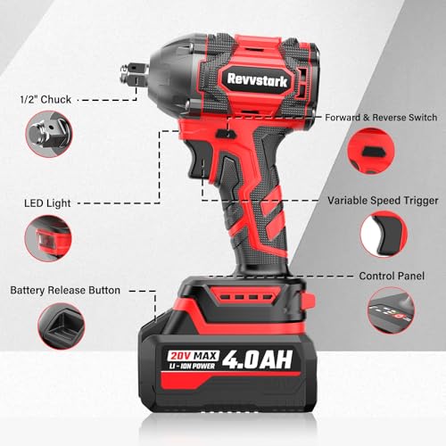 Revvstark Impact Wrench, Max Torque 400 N.m Cordless 1/2 Impact Driver, 20V 3000RPM Brushless Motor, 4.0Ah Li-ion Battery and Fast Charger, 4 Pcs Sockets Included