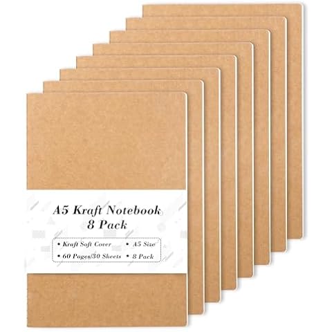 feela 8 Pack A5 Kraft Notebooks, 60 Lined Blank Pages Travel Journal Bulk, Soft Cover Notebooks for Women Girls Students, Making Plans Writing Memos Office School Supplies, 8.3 X 5.5 in Cover