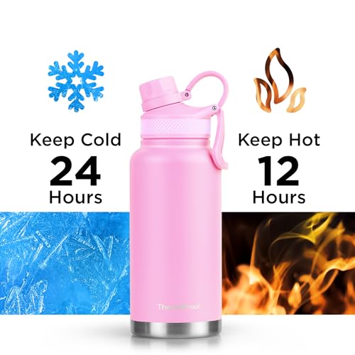 Image of ThermoProof Double-Walled Vacuum Insulated Stainless Steel Water Bottle - Wide Mouth Canteen, Spout & Straw Lids, Dishwasher Safe, Reusable, Leakproof, Hot & Cold for Men, Women & Kids - 32oz, Pink