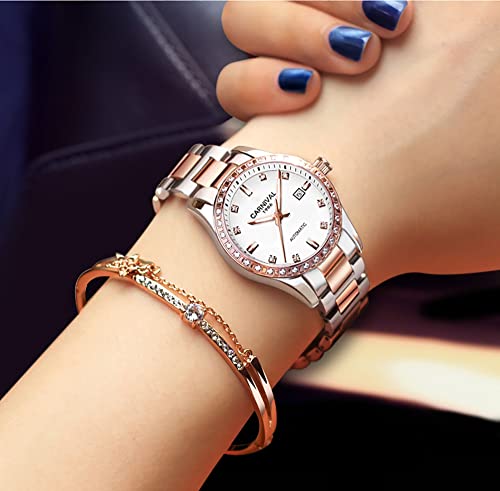 Image of Women's Diamond Automatic Mechanical Rose Gold Stainless Steel Sapphire Waterproof Lady's Elegant Blue Watch