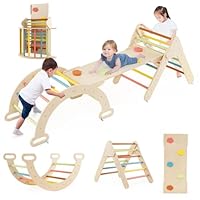 COSTWAY Klimdriehoek met glijbaan, 6-in-1 klimrek voor binnen, incl. in hoogte verstelbare opstapkruk en wip, klimladder hout, indoor speelplaats voor kinderen vanaf 3 jaar, kleurrijk