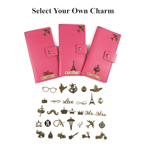 Image of AICA Personalized Name & Charm Long Leather Wallet Passport Cover (Dark Pink) with Passport Boarding Pass Card Slot & Coin Holder for Men & Women | Birthday Anniversary Travels Gifts for Sis Wife Mom
