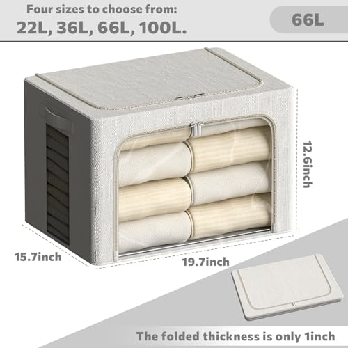 Image of FHSQX 2 Pack Clear Window Storage Bins Large Stackable Linen Fabric Storage for Clothes Foldable Container Organizer Set with Carrying Handles (Lvory White, 19.7x 15.7x 12.6 Inch)