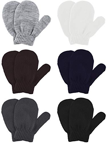 6 Pairs Winter Warm Knitted Mittens Gloves Stretch Mittens for Christmas Party Kids Toddler Supplies (Black, White, Gray, Dark Gray, Coffee, Dark Blue)