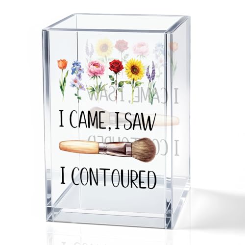 Image of I Came I Saw I Contoured Acrylic Cosmetic Holder, Funny Floral Makeup Brush Holder Gifts for Cosmetologist Women Girls, Bathroom Vanity Storage for Make up Brushes, Vanity Desk Accessories