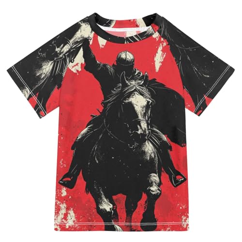 Boys Short Sleeve T-Shirts Knight Graffiti Red Horse Rashguard Kids Swim Shirts Sun UPF 50+
