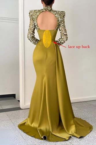 Sequin Sparkly Mermaid Prom Dresses Long Sleeve Satin High Neck Halter Evening Formal Party Gown with Slit 20243