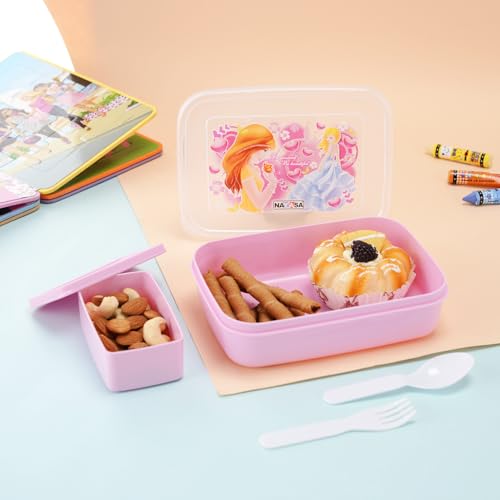 Image of Nayasa Ninja 2 Compartment BPA-Free Plastic Lunch Box for Kids Girls | Barbie Print | Leak Proof Push Lock | Pink