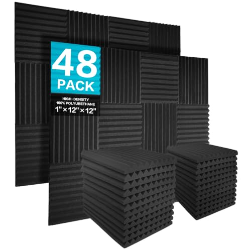 JBER 48Pack Sound Proof Foam Panels, Wedges Acoustic Panel, Sound Absorbing | 1' X 12' X 12', Black, NRC＞0.8, High Desnsity, Acoustic Treatment, Apartment Friendly, for Studios Home