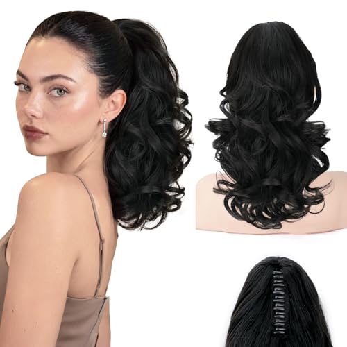 ALXNAN Long Curly Wavy Claw Clip Ponytail Extension,14" Black