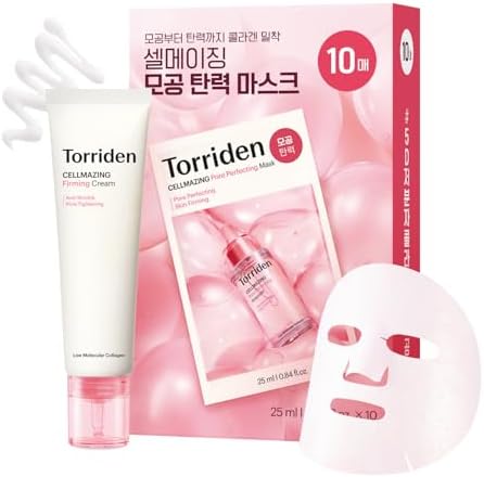 Torriden CELLMAZING Collagen Firming Cream 60ml + Pore Perfecting Mask (10 Sheets) | Improving Saggy Pore and Elasticity-Boosting Mask for Pores