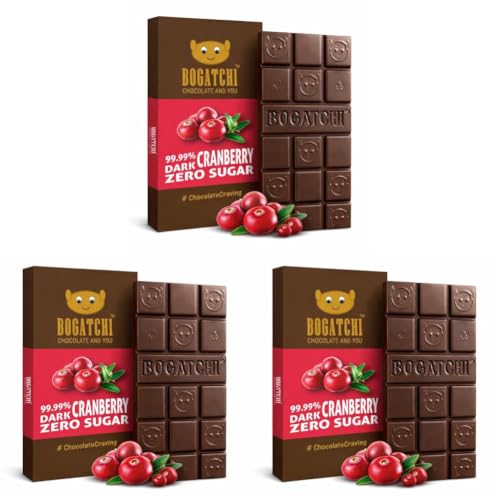 Image of BOGATCHI 99% Dark Handcrafted Chocolate with Cranberries, Real Cocoa Intense Dark Chocolate, 60gm (Pack of 3)