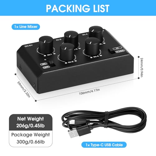 DoukAudio MC5-BX Mini Audio Mixer: 4-Channel Ultra Low-Noise Stereo Line Mixer for Home Studio Bar, Active & Passive Modes, Portable Metal Design for Musicians DJs