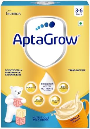 AptaGrow Milk Drink Powder for Kid s Height Gain, Immunity & Brain Development, Nutritious & Tasty Vanilla Flavor, 400g | 37 Nutrients | Prebiotics | Low Fat | Veg