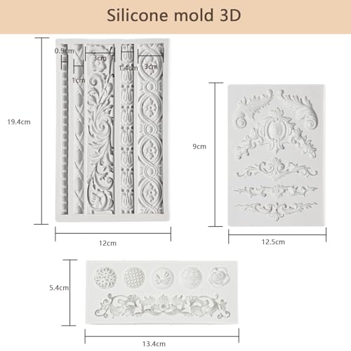 Miniatura 2 de Disnace 3 Piezas Barroco Molde De Silicona, Set Molde De 3d, Retro Relieve Molde Para Manualidades, Moldes De Silicona De Fondant Para Decoración Gelatina Dulces Gris