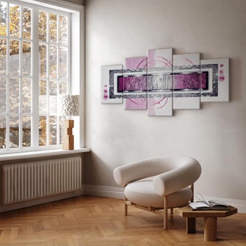 B&D XXL - Wandbilder XXL Abstrakt 200x100cm 5 tlg - Wand Deko Leinwand Bilder Groß Wanddeko Wohnzimmer Schlafzimmer Kunstdrucke - Ornament Textur Perlen rosa weiß silber