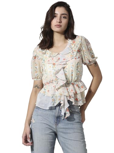 Image of ONLY Floral Printed Puff Sleeves Peter Pan Collar Chiffon Peplum Top