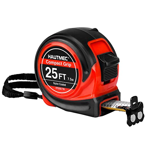 HAUTMEC Tape Measure 25Ft with Fraction 1/8,Double Side Metric and Inches Tape,Retractable Tape Measure,Magnetic Hook and Compact Case for Construction, Carpenter, Professionals HT0282-TM