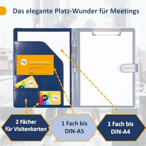perfect line - Klemmbrettmappe DIN-A4 mit Magnetverschluss - aus strapazierfähigem Kunstleder in stilvoller Leder-Optik - Premium Businessmappe (1 Mappe - Blau)