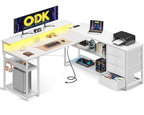 ODK Escritorio con Cajones, 155×110cm Escritorio Esquinero Reversible con 2 Enchufes y 2 Puertos USB, Mesa de Oficina en Forma de L con LED para Oficina en Casa, Blanco Puro