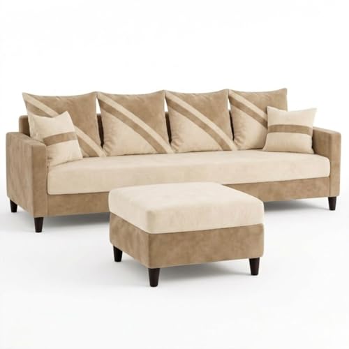 Image of SLEEPIFY Canza 4 Seater Sofa Set with Ottoman (Cream - Beige) | Premium Soft Velvet | Plush Comfort Cushions | Modern Living Room Sofa | Spacious Comfortable Seating