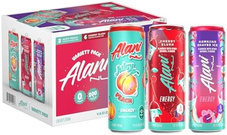 Alani Nu VARIETY PACK CHERRY SLUSH, JUICY PEACH, HAWAIIAN SHAVED ICE Sugar Free, Low Calorie Energy Drinks, 200mg Caffeine, Biotin B Vitamins, Zero Sugar, 10 Calories, 12 Fl Oz Cans, 12 Pack