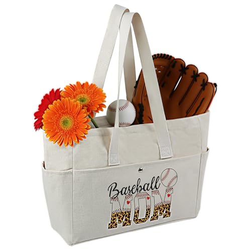 Duluvop Baseball Mom Tote Bags XL Baseball Mom Canvas Bag Purse Handbag with Large Pockets Baseball Mom Essentials for Baseball Daily Use Games Gym Travel Valentines Day Birthday Gifts for Women-White