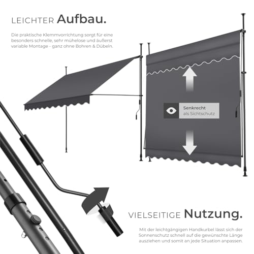 tectake® Klemmmarkise mit Handkurbel, Balkon Markise ohne Bohren, Markise höhenverstellbar, UV-beständig, wasserabweisend, Terrassenüberdachung, Sonnenschutz Terrasse & Balkon, 250 cm - schwarz/grau 3