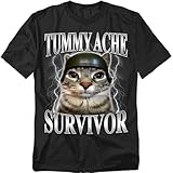 Popfunk Tummy Ache Survivor Cat T Shirt – Funny Animal Meme Tee for Men or Women, Unisex Adult, Black, Large