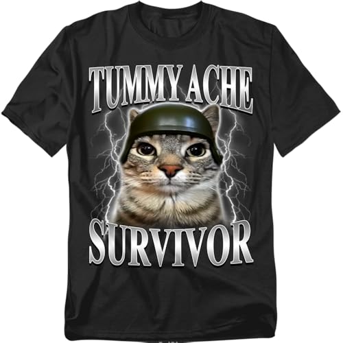 Popfunk Tummy Ache Survivor Cat Funny Animal Meme T-Shirt Unisex Black L