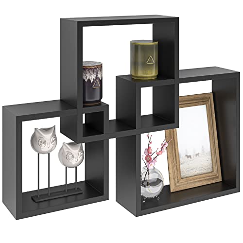 Ballucci Modern Interlocking Cube Floating Shelves, Wall Mount Wood Square Shelves For Living Room, Bedroom, Bathroom, Easy To Install Wall Decor Box Shelves, Black #TOP5