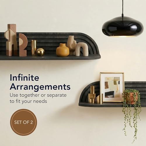 Image of Black Floating Wall Shelf Set of 2, Wall Mounted Rustic Farmhouse Solid Wood Shelves - Modern for Bedroom, Bathroom, Living Room, Kitchen Decor & Storage