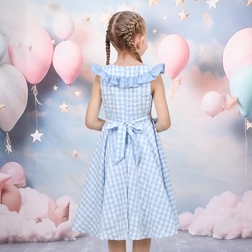 Sunny Fashion Girls Dress Light Blue Gingham Plaid Waist Ruffle Cap Sleeve Party4