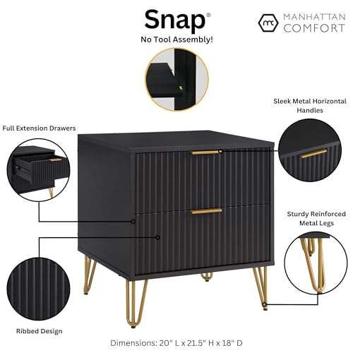 Manhattan Comfort Dumbo Modern Nightstand 2.0 with 2 Metal Feet | Splayed Gold Legs | Vertical Ribbed Design | No Tool Assembly Storage for Bedroom, Set of 2, Black by Manhattan Comfort - Used condition - Image 3