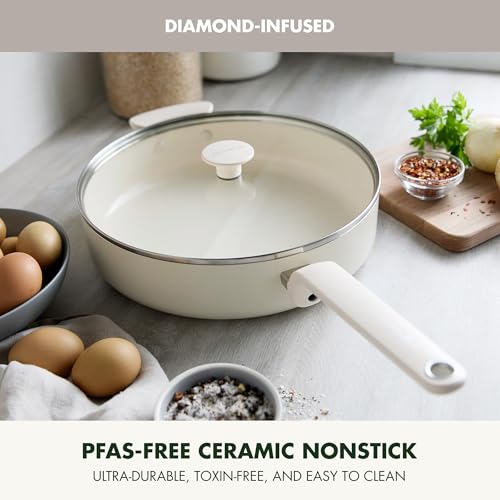 Image of GreenPan Rio Advanced 5QT Saute Pan With Tempered Glass Lid, 5QT Ceramic Nonstick pan with Helper Handle, PFAS-Free, Induction Ready, Dishwasher and Oven Safe, Cream White
