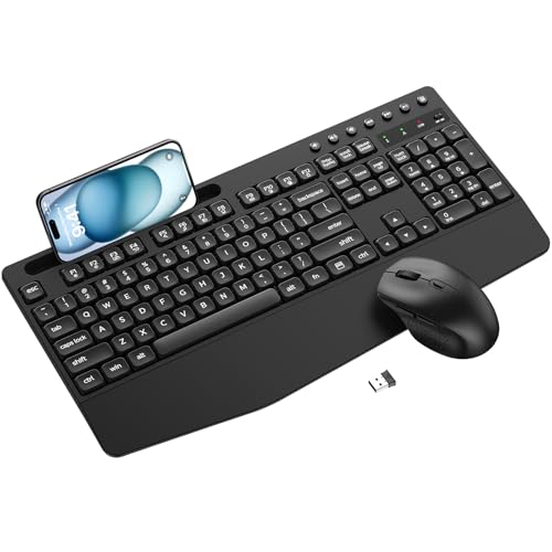 Wireless Keyboard and Mouse Combo with Palm Rest, Phone Holder, Full-Size Quiet Wireless Ergonomic Keyboard and Mouse, Comfortable Natural Typing Compatible for Windows, Laptop, Mac, PC