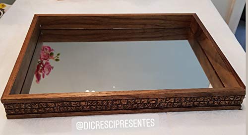 BANDEJA COM ESPELHO DE MADEIRA COQUINHO 41x31x5CM MARROM
