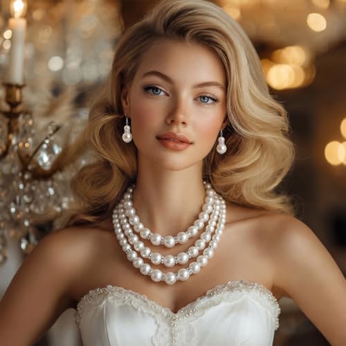 Image of Glenmal Pearl Rhinestone Jewelry Set for Women Pearl Necklace Bracelet Earrings for Wedding Halloween Bridal Shower Tea Party