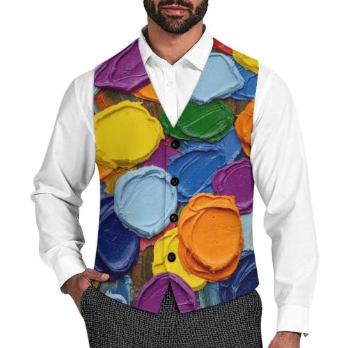 GHJZKSH Denim Vest Rainbow Fresh Simple Watercolor Pastel Circle Dots,Mens Lightweight V‑Neck Suit Waistcoat, Groomsman Suits For Men,Handkerchief Mens Suit,Mens Suits 2 Piece XL