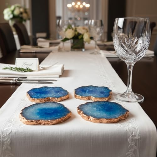 Image of Natural Agate Stone Tea Coasters Set | Premium Stone Coasters for Tea, Coffee & Glass | Heat Resistant Coasters for Dining Table, Office Desk & Home Decor | Pack of 4 | Color -Blue