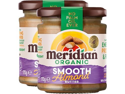 Image of Meridian Organic Smooth Almond Butter 170g – 100% Roasted Organic Almonds, No Added Sugar, Palm Oil Free, Vegan Protein Spread & Healthy Snack, (Pack of 2) from SuperfoodUK