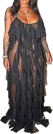 Womens Spaghetti Strap Ruffles Dress Mesh See-Through Plus Size Bodycon Sexy Nightclub Party Dress
