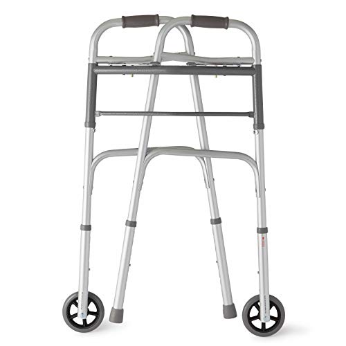 Medline Two-Button Folding Walker With Wheels, Metallic, 1 Count #TOP3