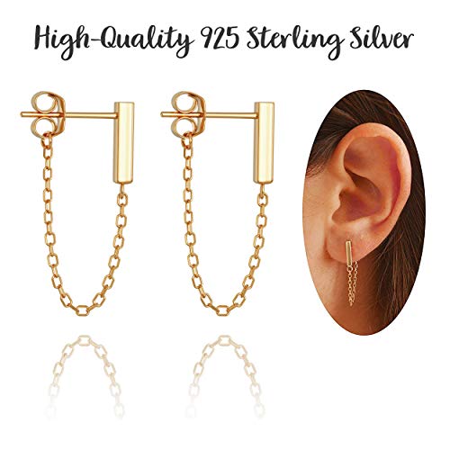 925 Sterling Silver Gold Chain Earrings - Bar Drop Line Chain Dangle - Small Cute Staple Bar Cable Studs For Women Or Girls - Minimalist Modern Design By Galis (Silver & Gold-Plated Variations) #TOP1