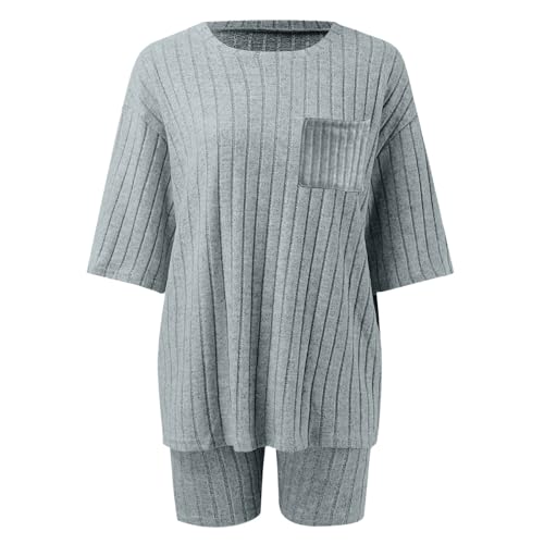 JiXiang Pajamas 2 Piece Lounge Sets Ribbed Knit Matching Outfits T-shirt Biker Shorts Sleepwear Loungewear Sweatsuits4
