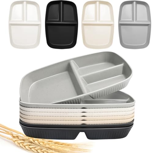 shopwithgreen Divided Plate for Adults, 8 Pcs (10.5 Inch) Unbreakable Wheat Straw Plates with 3 Compartments, Reusable Bariatric Portion Control Plate for Kids Toddlers, Dishwasher & Microwave Safe